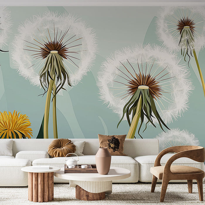 Mural Wallpaper dandelion | Valged võilille mustrid ja kollased lilled õrnal taustal