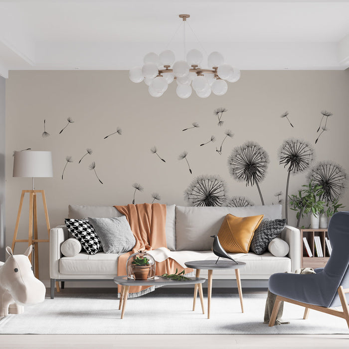 Fototapet mælkebøtte | Silhuettede mælkebøtter på en lys baggrund med flyvende frø