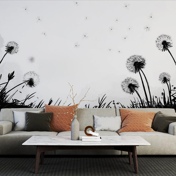 Tapeta Mural dandelions | Umetniški črno-beli vzorec regratov v minimalistični pokrajini