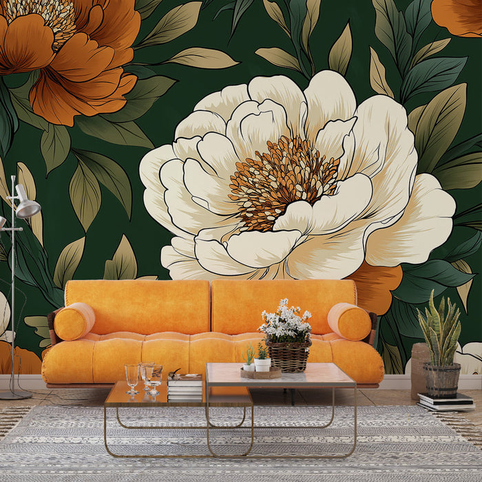 Mural Wallpaper peony | Bright colors on green background