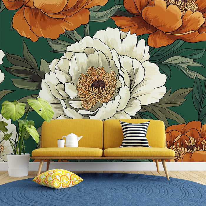 Фототапет божур | Между бежово и теракота на зелен фон