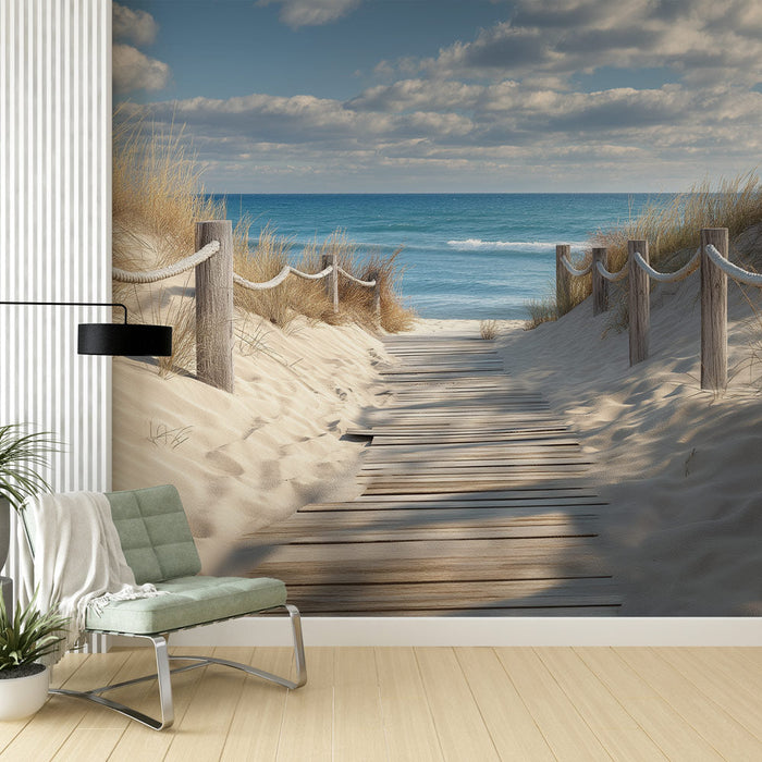 Fototapet plaža | Drveni put koji vodi do tirkiznog mora pod plavim nebom