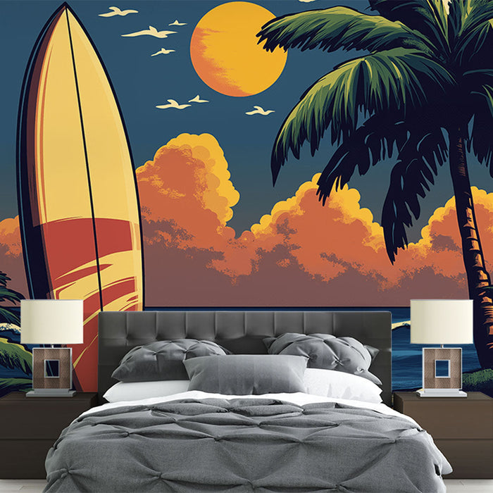 Ταπετσαρία παραλίας | Τροπική ατμόσφαιρα με σερφ και φοίνικες