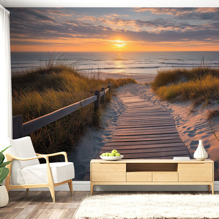 Fototapet strand ved solnedgang | Træsti der fører til havet