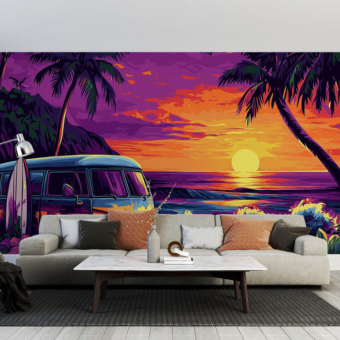 Falfestmény strand naplementekor | Vintage furgon és pálmafák a tenger mellett