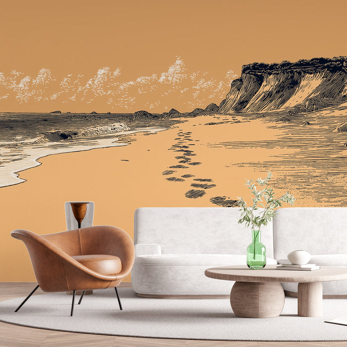 Ταπετσαρία τοίχου παραλία στο ηλιοβασίλεμα | Ήρεμη παραλία με αποτυπώματα ποδιών