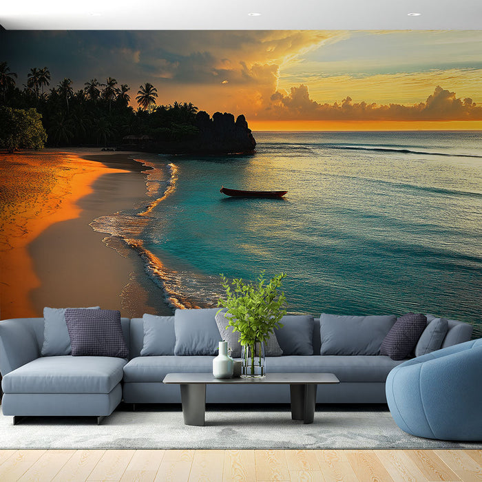 Tapeta beach at sunset | Kojąca tropikalna scena z złotymi i niebieskimi odcieniami