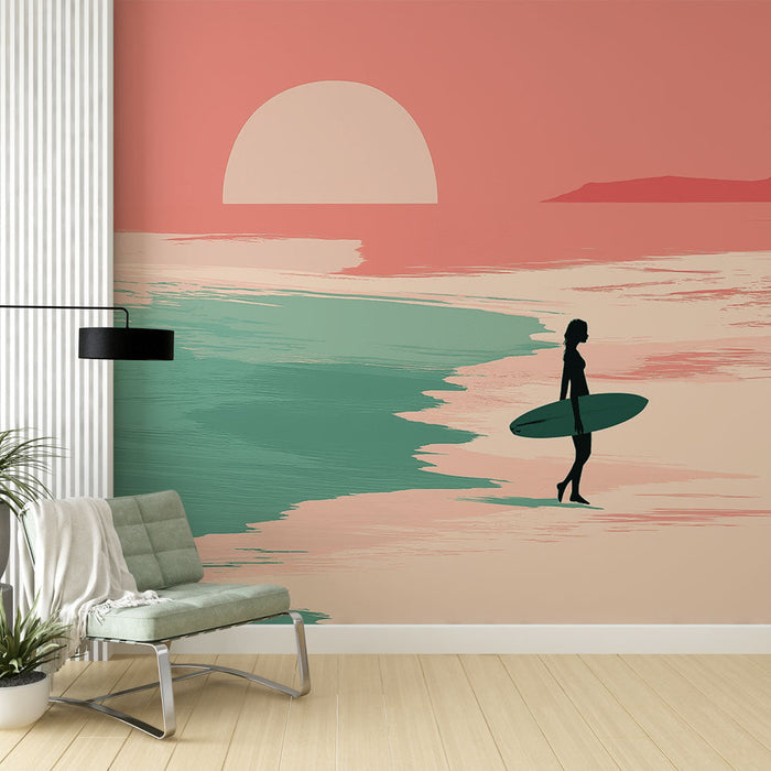 Falfestmény tengerpart naplementekor | Szörfös sziluettje egy békés tengerparton