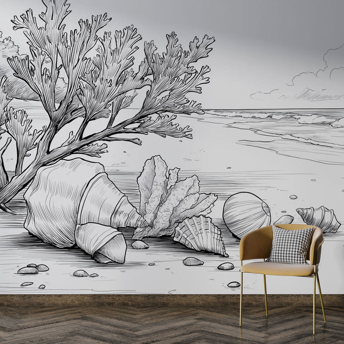 Fototapete Strand mit Muscheln | Ein minimalistisches und beruhigendes Küstenlandschaft