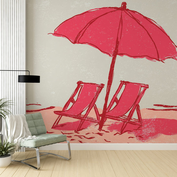 Fototapet plaj | Bir şemsiyenin altında pembe şezlonglar