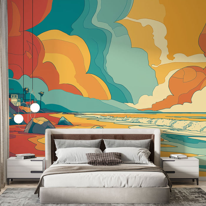 Papel pintado playa colorido | Paisaje costero estilizado con tonos cálidos y tropicales