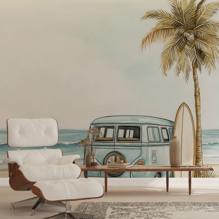 Seinafototapeet rand | Sinine kaubik ja palmipuu mere ääres