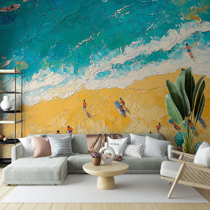 Tapete plaža poletje | Barvita zračna slika živahne plaže s senčniki in kopalci