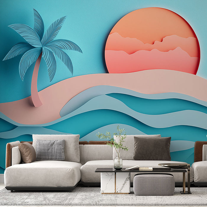 Mural Wallpaper beach | Modern design with palm tree and sunset in cut paper