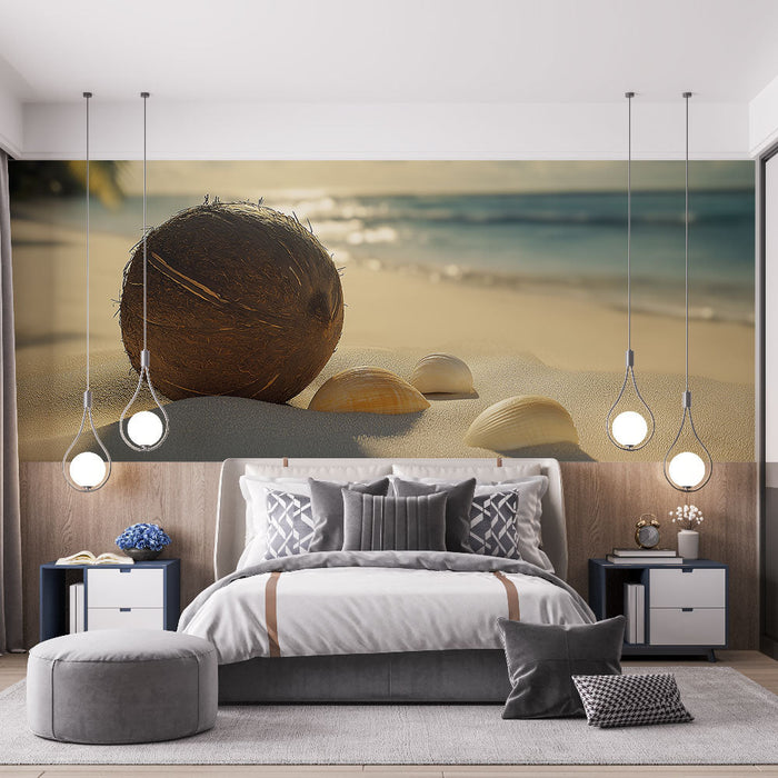Papel de parede praia | Relaxamento tropical com coco e conchas
