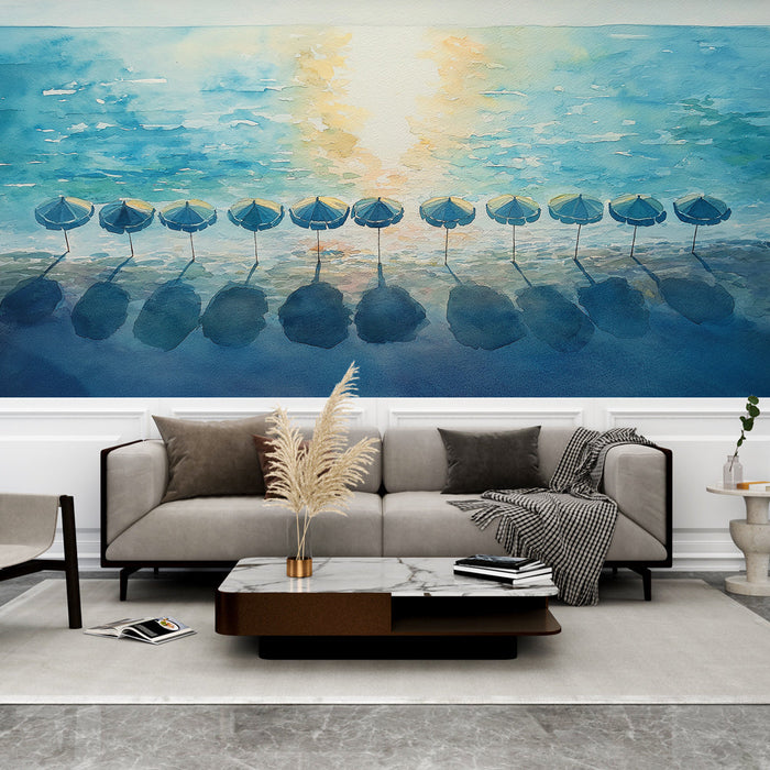 Mural Wallpaper beach in watercolor | Umbrellas and reflections on a calm sea