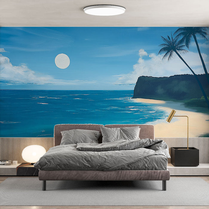 Tapete плаж от морето | Светла тропическа сцена с палмови дървета под синьо небе