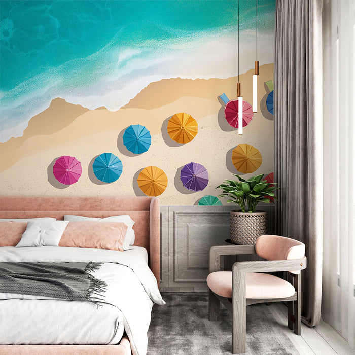 Fototapet solrig strand | Farverig dekoration med parasoller og krystalbølger