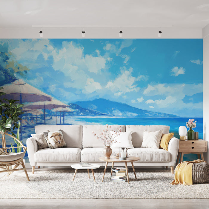 Tapete sonniger Strand | Schatten eines Sonnenschirms an einem ruhigen Strand