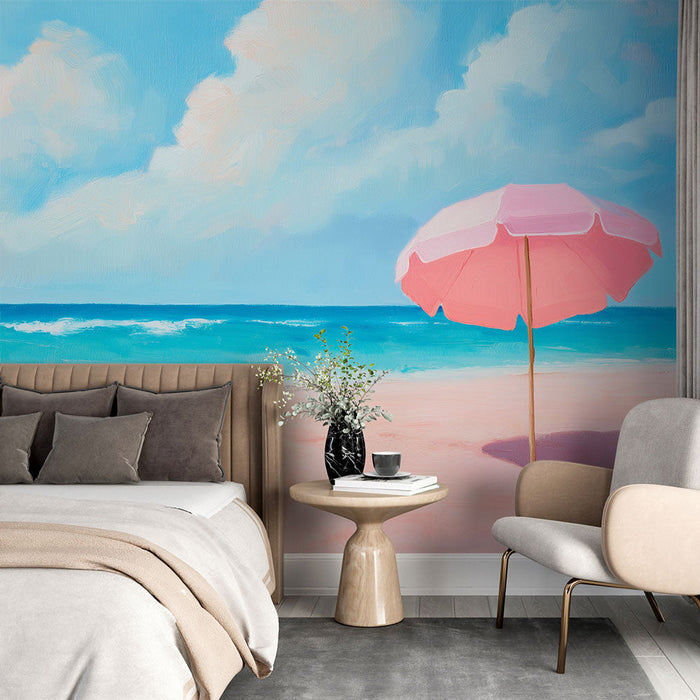 Fototapet solrig strand | Lyserød parasol på blødt sand og lyseblå himmel