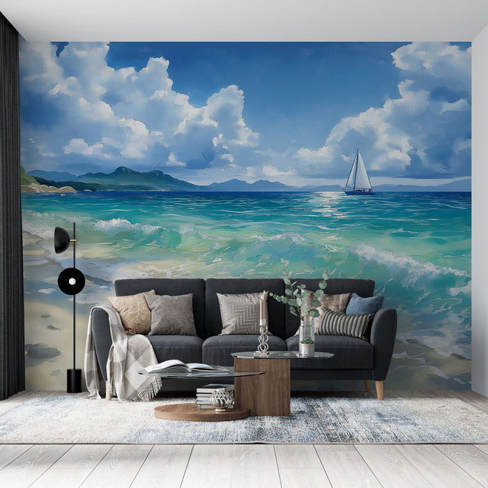 Carta da parati spiaggia soleggiata | Paesaggio marino con barca a vela e cielo nuvoloso