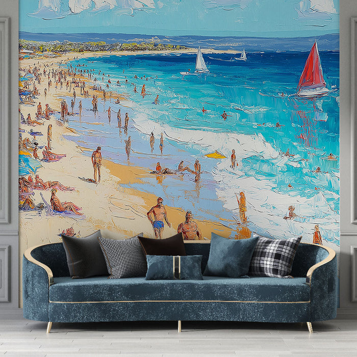 Fototapet solfylt strand | Animer strandscene med fargerike paraplyer og seilbåter