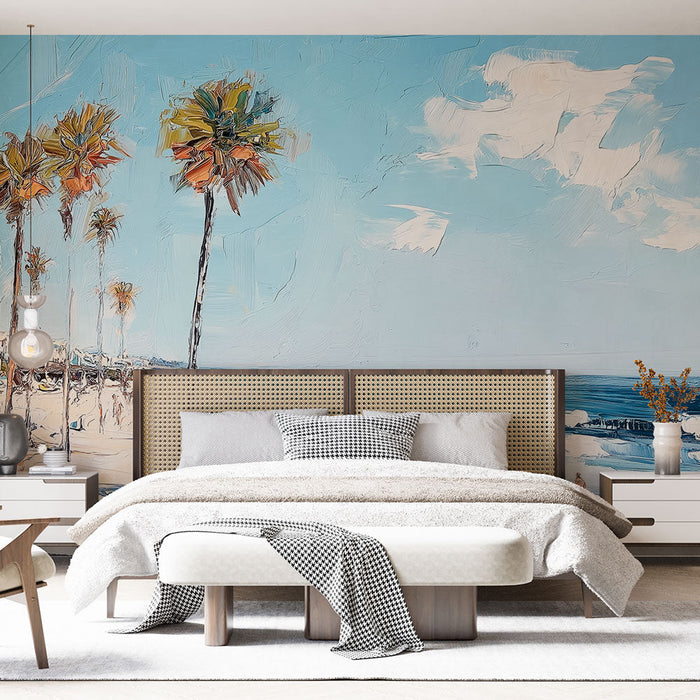 Tapete слънчев плаж | Крайбрежна сцена с палмови дървета и плувци