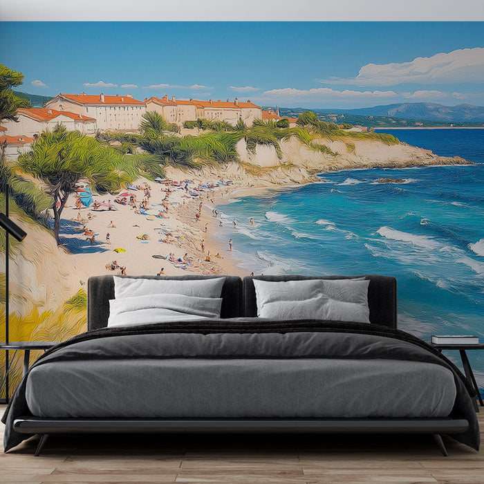 Fototapet solrig strand | Kystscene med sand og turkis hav