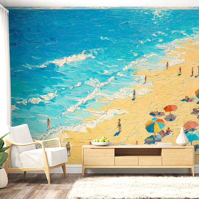 Carta da parati spiaggia soleggiata | Scena animata della spiaggia con ombrelloni colorati e vacanzieri
