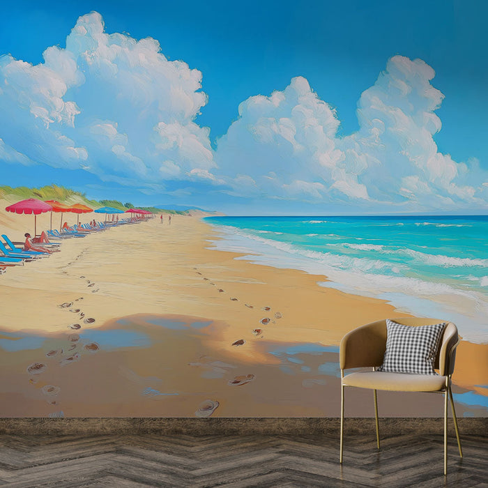 Fototapet solig strand | Strandscen med parasoller och solstolar under en klarblå himmel