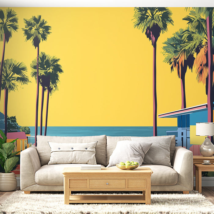 Tapete слънчев плаж | Живописна плажна сцена с палми и цветни плажни чадъри