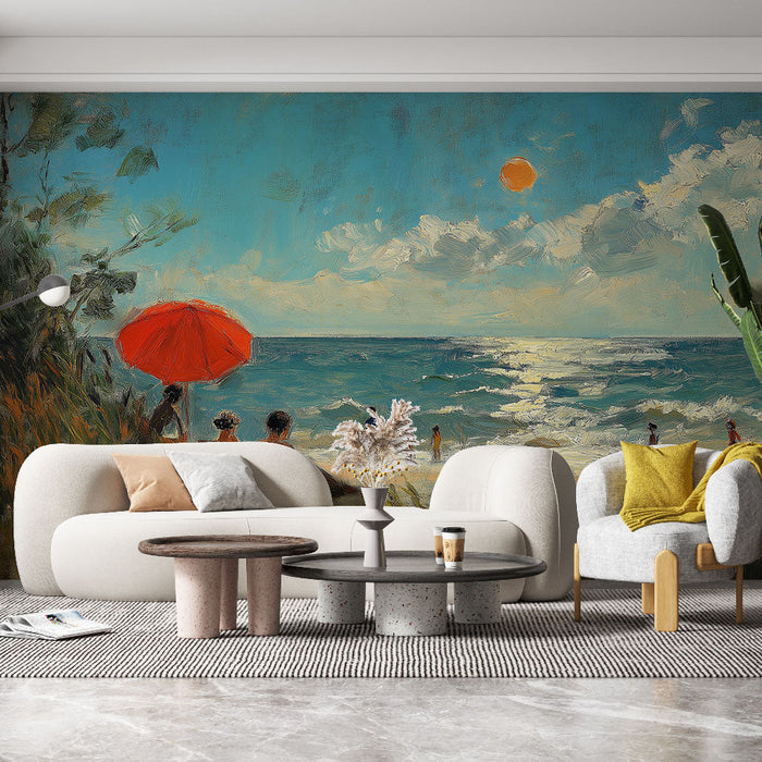 Tapetti aurinkoinen ranta | Värikäs kesäkohtaus punaisella aurinkovarjolla ja läpinäkyvällä merellä