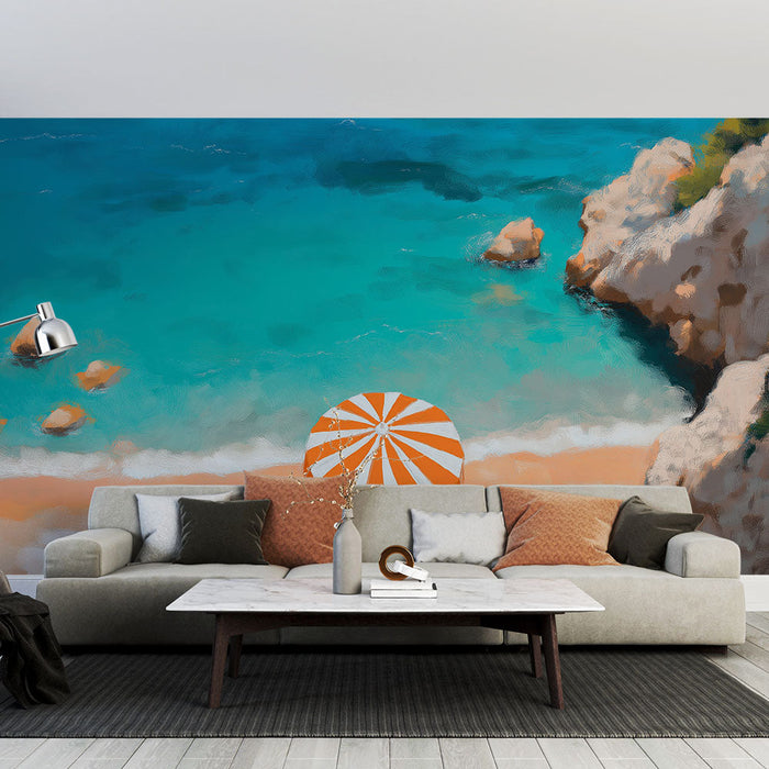 Tapet plaj insorit | Umbrelă cu dungi și șezlonguri pe o plajă nisipoasă