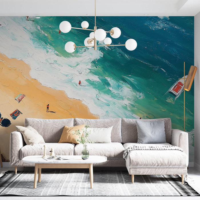 Carta da parati spiaggia soleggiata | Scena vivace di una spiaggia affollata con ombrelloni e bagnanti