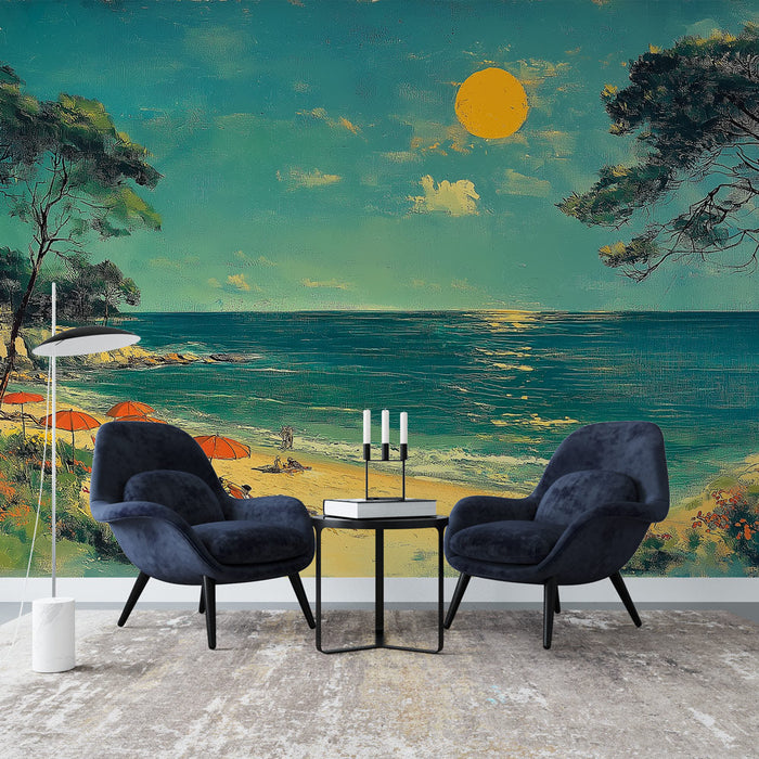 Tapete слънчев плаж | Живописна сцена на плаж с оранжеви чадъри и тюркоазено море