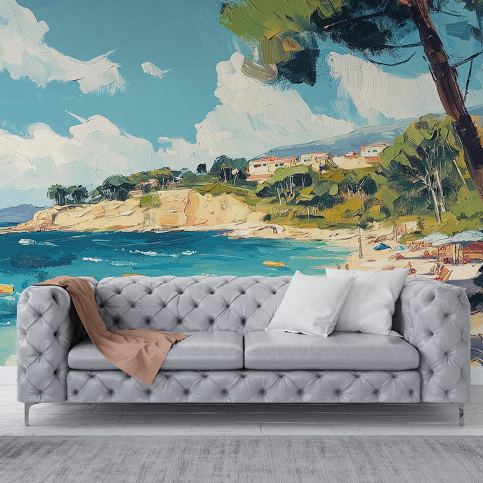 Papel pintado playa soleada | Escena animada de una playa dorada con bañistas