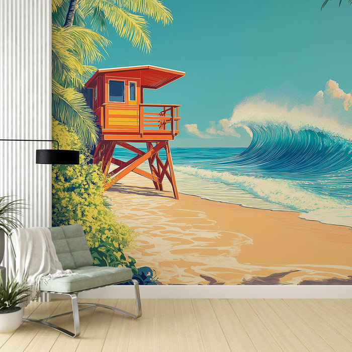 Tapetti aurinkoinen ranta | Trooppinen maisema uimarannalla ja suuri aalto