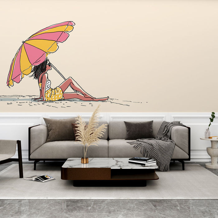 Fototapete Sommerstrand | Illustration einer Frau unter einem bunten Sonnenschirm