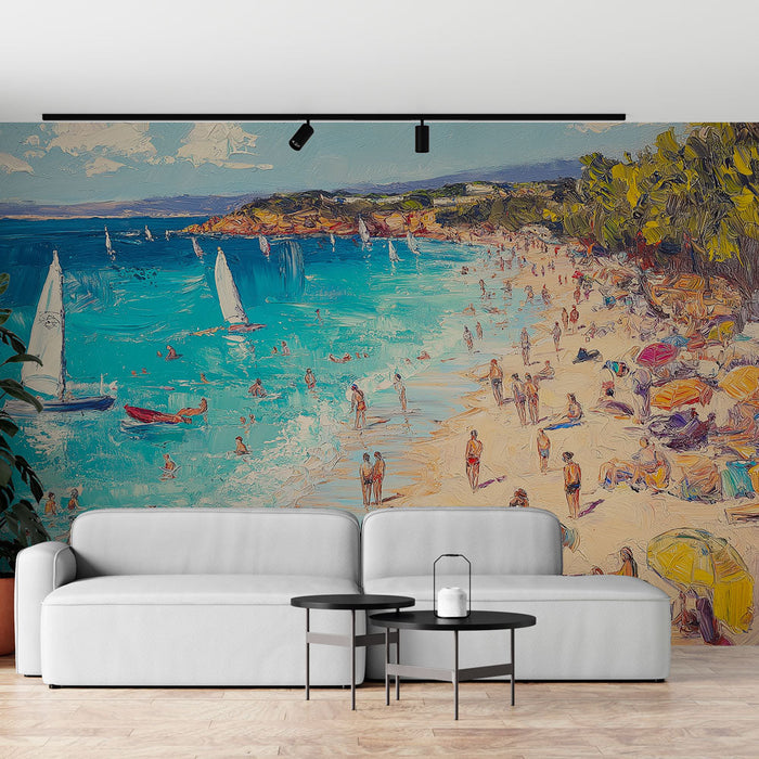 Tapete summer beach | Ζωηρή σκηνή ενός ζωντανού παραλίας με ιστιοπλοϊκά και πολύχρωμες ομπρέλες