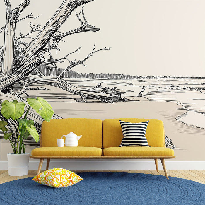 Fototapet plaj ve sürüklenmiş odun | Yüzen dallarla denizin huzurlu bir tasviri