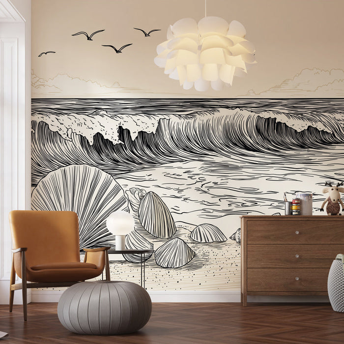 Fotótapé tengerpart és kagylók | Szép illusztráció egy tengerparttal hullámokkal és kagylókkal