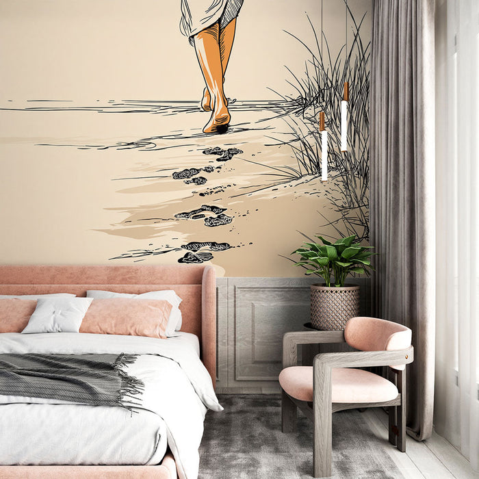 Tapete παραλία | Περπατώντας κατά μήκος της ακτής με αποτυπώματα ποδιών