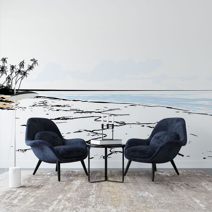 Tapeta minimalistická pláž | Uklidňující pobřežní scéna s palmami a čistou oblohou