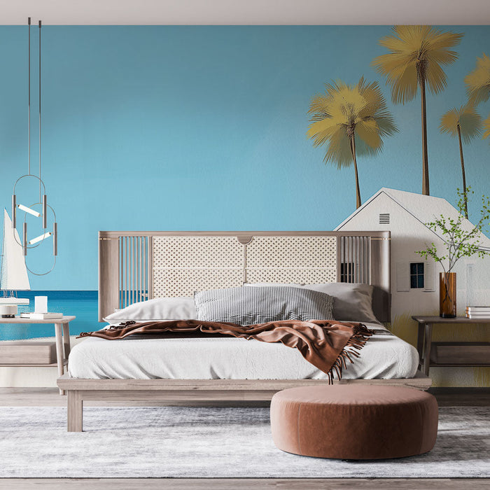 Fototapet moderne strand | Hvitt hus og seilbåter på lyseblå bakgrunn