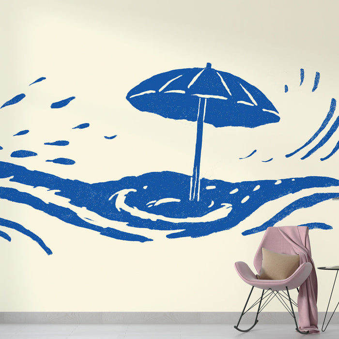 Fototapet plaj | Stilize dalgalarla su kenarında bir plaj şemsiyesi deseni