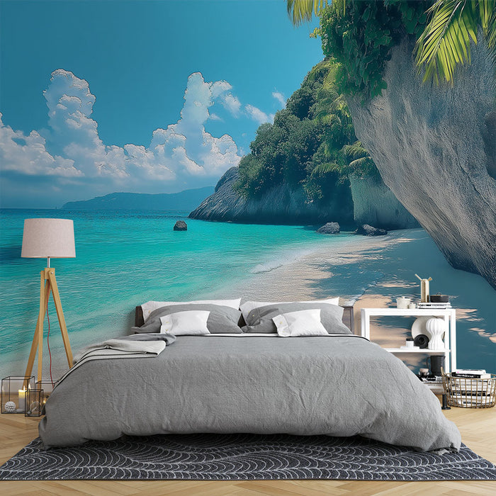 Fototapet paradise beach | Solig kust med turkost vatten och vita moln