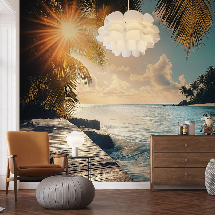 Papel pintado paraíso playa | Atardecer y palmeras