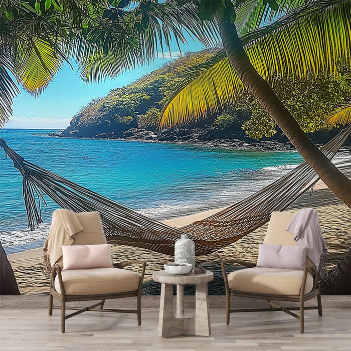 Falfestmény paradicsomi strand | Függőágy pálmafák között kilátással a türkizkék óceánra