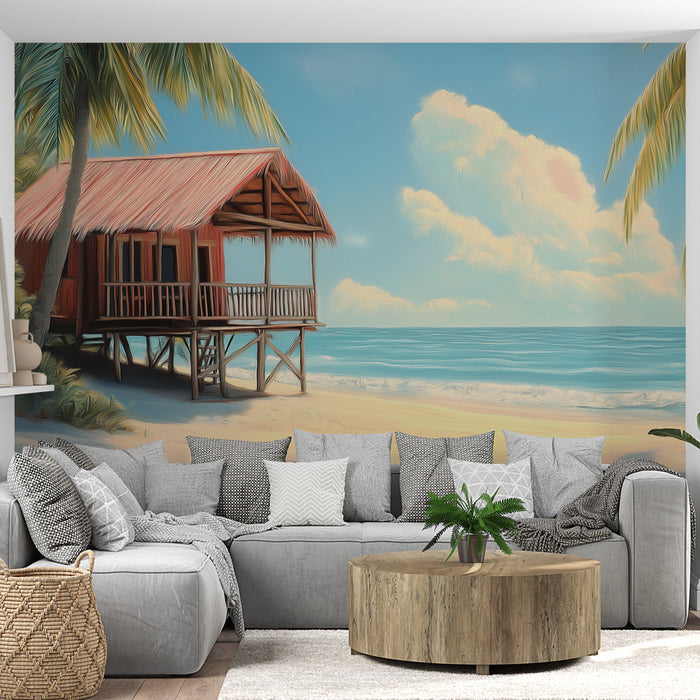 Tapete παραλίας παράδεισος | Σπίτι σε πυθμένες πάνω στο νερό με φοινικόδεντρα