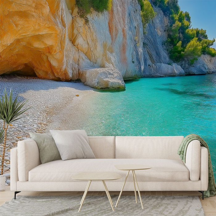 Tapete paradiesstrand | Kieselstrand und türkisfarbenes Meer unter dem sonnigen Himmel